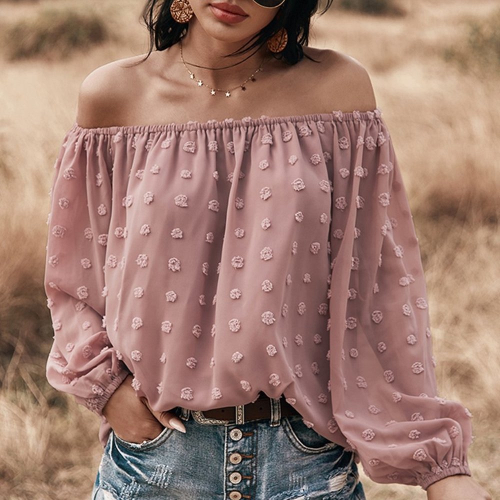 Boho Off Shoulder Loose Bubble Sleeve Top Pink - Picture 3 of 10